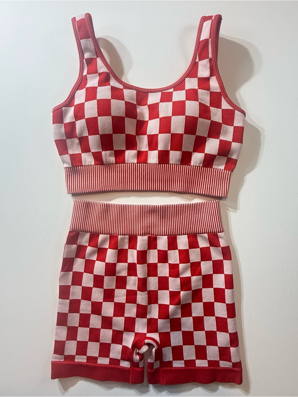 Kimberly C Red White Checkerboard Seamless Workout Bra Shorts Set Small Stretch